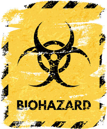 Black grunge bio hazard sign isolated on yellow background and striped border.のイラスト素材