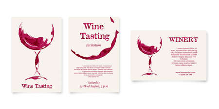 Set of Wine testing and Winery card in shape of wineglass, bottle stainのイラスト素材