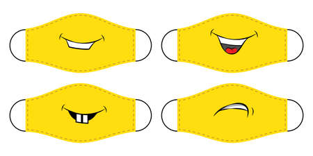 yellow protective face mask isolated set on white background. Smiley mood design. Funny smiling respiratory medical virus protective facial wear. Coronavirus spread prevention clothing.のイラスト素材