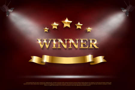 Vector 3D realistic golden sign Winner with five stars and ribbon on red background. Spotlights illuminate inscription. Template mockup for congratulations, victory, success, achievement, leadership.のイラスト素材