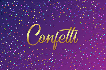 Golden shiny lettering and multicolored confetti isolated on blue. Prize, award win, victory achievement celebration, holiday party event. Festive banner. Greeting invitation poster.のイラスト素材