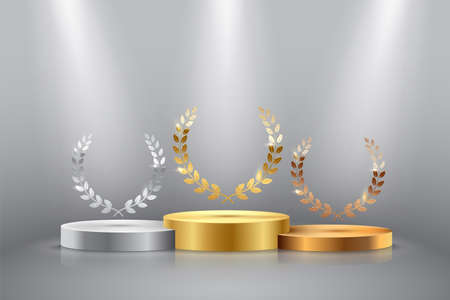 Winner background with golden, silver and bronze laurel wreaths with ribbons on round pedestal isolated on gray background. Vector winner podium sports symbols.のイラスト素材