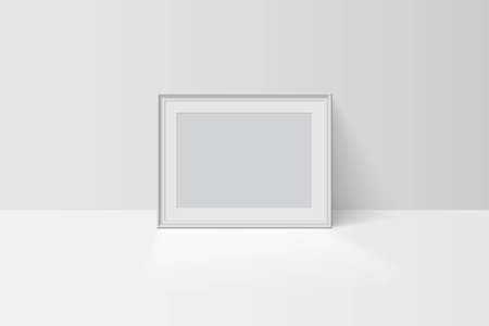 Realistic tree-dimension empty blank white simple frame mockup isolated on light background. Vector horizontal picture or photo framing mat and wide border shadow. Gallery, home design interior templateのイラスト素材