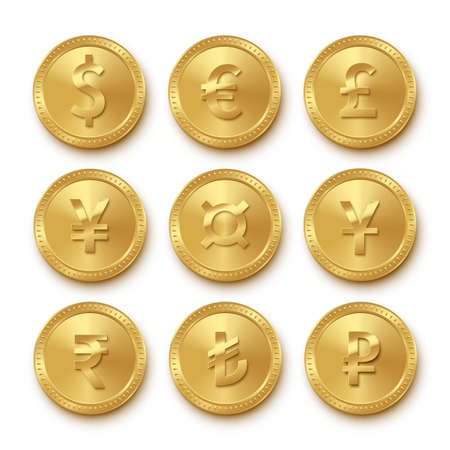 Icons of gold coins with different currencies setのイラスト素材