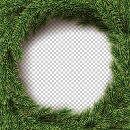 Green Christmas wreath transparent background. Holly fir natural circle decoration. Realistic merry xmas, new year traditional ornament. Round shape tree vector illustrationのイラスト素材