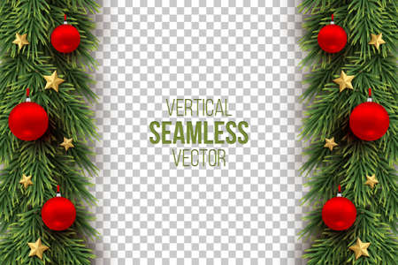 Green christmas branch with red balls, gold stars on transparent background. Fir natural vertical seamless decoration. Realistic vector merry xmas, new year traditional ornament with garlandのイラスト素材