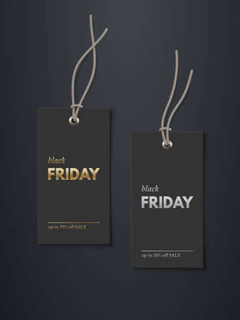 Black Friday price tags with sale mockup template set. Rectangle cards with grey strings for clothes with gold and silver text. Stickers on black background vector illustration. Realistic design.のイラスト素材