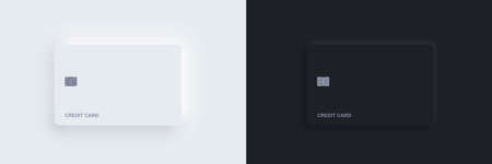 Plastic bank credit card templates with chip and shadow. Realistic white and black isolated objects. Vector Neomorphism digital technology mockup. Contactless, wireless online payment concept.のイラスト素材