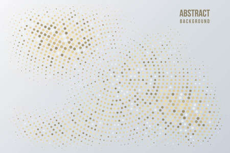 Abstract halftone circular background. Gold, grey, amber and black dot pattern. Bright vintage wallpaper vector illustration. Shining vibrant retro glow. Modern 3d art designのイラスト素材