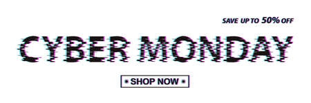 Cyber monday sale advirtising banner in glitch pattern. Special offer and discount on electronics and technology. Digital design vector illustration. Online shopping, black text in frameのイラスト素材