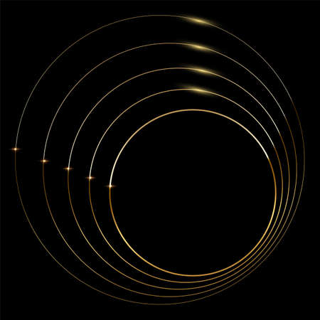 Golden round metal circle rings. Shining transparent abstract background. Yellow shiny circular lines. Modern futuristic graphic vector illustration. Flares glowing decorationのイラスト素材