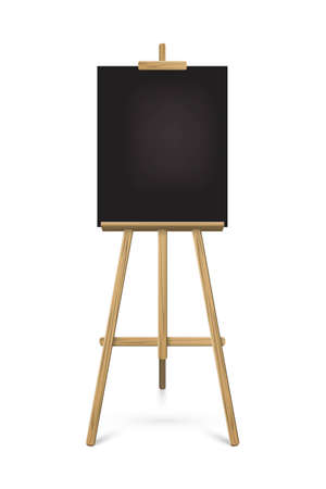 Easel with black vertical paper sheet. Vector realistic design element isolated on white background.のイラスト素材