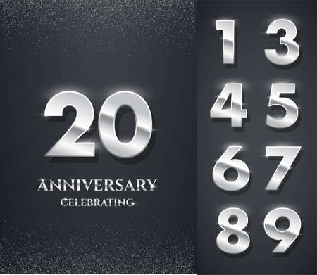 Silver anniversary logo with numbers template. 20th birthday, jubilee or wedding anniversary vector illustration. Invitation to celebrate. Shiny numbers on black background with glitterのイラスト素材