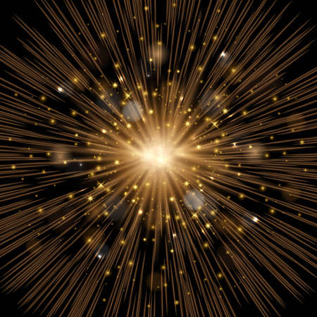 Realistic vector sparkling magic lights glowing shining on black background. Starburst with sparkles. Sun, burst, star force explosion. Bright illuminated effect. Party, event, festive miracle design.のイラスト素材