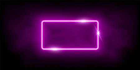 Glowing neon pink rectangle with sparkles in fog abstract background. Electric light frame. Geometric fashion design vector illustration. Empty minimal art decorationのイラスト素材