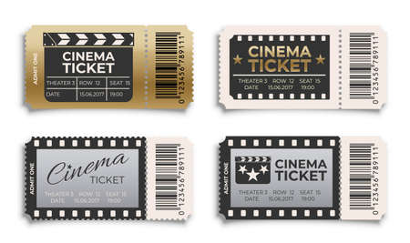 Cinema ticket to movie set. Old retro vintage entry coupons. Film theater industry concept vector illustration. Entertainment and modern performance art. Card archival designのイラスト素材