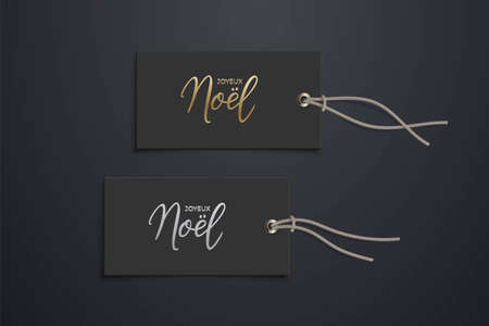 Black price French Christmas discount tag mockup templates. Rectangle sale cards with strings for clothes with gold Joyeux Noel text on black background vector illustration. Realistic designのイラスト素材