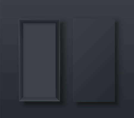 Realistic open empty gift box two view. Paper rectangular cardboard black container mockup. Blank package model for wrapped product, present, surprise delivery. Object isolated on dark background.のイラスト素材