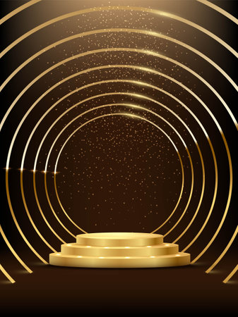 Golden round metal circle rings leading to podium. Shining abstract background with gold glitter. Yellow shiny circular lines. Modern futuristic graphic vector illustration. Glowing decorationのイラスト素材