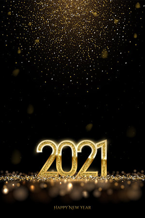Happy new year banner vector template. Winter holiday, christmas congratulations. Festive postcard, luxurious greeting card concept. 2021 number with golden glitter illustration with text space.のイラスト素材