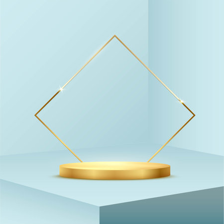 Round golden podium with square frame standing on blue pastel background. 3d pedestal for product vector illustration. Gold stage with rectangle glowing in sparkles. Abstract realistic decorationのイラスト素材