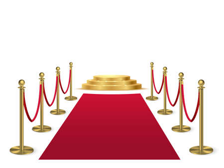 Red carpet with stanchions leading to golden podium. Award hall of fame vector illustration. Ceremony Hollywood movies award event. Realistic velvet carpet with fence and stage on white backgroundのイラスト素材