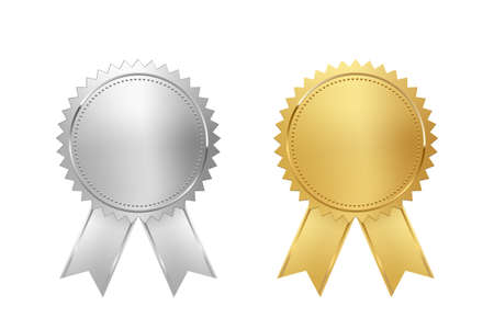 Golden and silver stamps with ribbons isolated on white background. Luxury chrome seals. Vector design elements.のイラスト素材