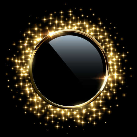Golden sparkling ring with glitter isolated on black background. Vector luxury golden frame.のイラスト素材