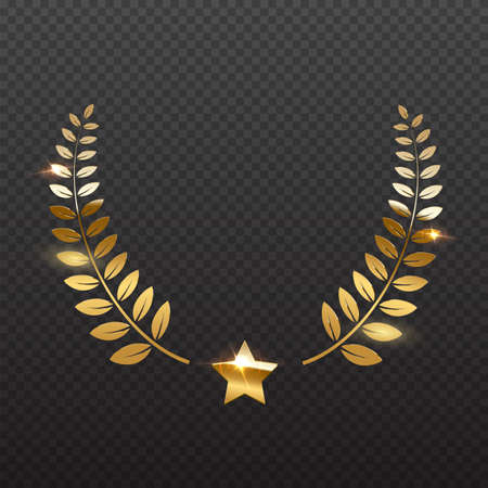 Award star and golden laurel. Gold prize elements on transparent background. Champion glory in competition vector illustration. Hollywood fame in film and cinema or championship in sportのイラスト素材