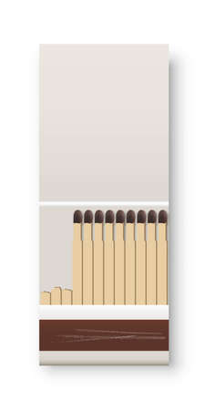 Open matchbox with matches. One box with heap of flammable matches. Kitchen house equipment vector illustration. Design of used package with scratches on white backgroundのイラスト素材