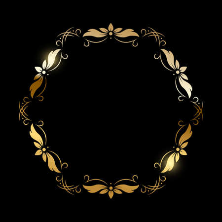 Gold flower pattern circle frame on black background. Round floral decorative golden ornament border vector illustration. Simple vintage card for wedding celebration invitationのイラスト素材