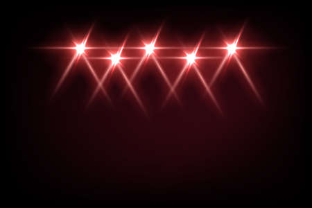 Red light from projectors on black background. Spotlight with beams effect on stage vector illustration. Abstract bright disco light at party or entertainment event, festivalのイラスト素材