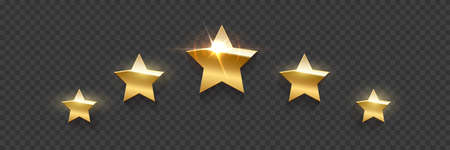 Five golden award stars on transparent background. Gold prize elements. Champion glory in...
