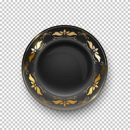 Black plate with golden floral pattern on border on transparent background. Empty dish for dinner, breakfast or lunch vector illustration. Clean dishware with decoration, above viewのイラスト素材