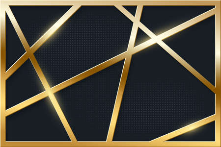 Abstract golden frame with geometric lines on blue textured background. 3d realistic modern horizontal template vector illustration. Simple object with gold pattern on wallのイラスト素材