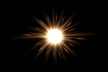 Gold light glow on black horizontal background. Golden bright spark shining vector illustration. Flash of light with ray beams in space. Sunshine sparkles and lines effectsのイラスト素材