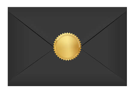 Black elegant envelope with gold stamp. Blank mail paper card mock up vector illustration. Realistic modern empty postcard template isolated on white background. Postal mail document with golden sealのイラスト素材