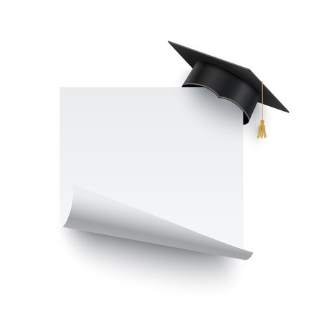 Graduate cap on blank banner with curled edge. Academy degree graduation hat with white board or sticker vector illustration. Academic education and achievement symbol and award iconのイラスト素材