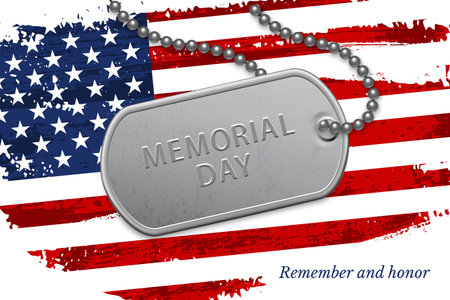 Happy Memorial day. Silver military badge on chain over national american flag. United states patriotic element. Event holiday celebration. Greeting history honoring thankfulness vector poster.のイラスト素材