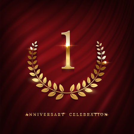Anniversary celebration with golden number one template. Birthday, jubilee or wedding with laurel sign vector illustration. Invitation to celebrate. Shiny number on red curtain backgroundのイラスト素材