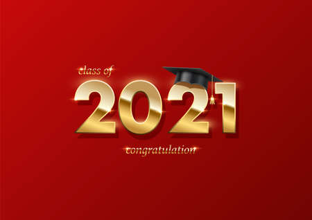 2021 graduation ceremony banner. Award concept with academic hat, golden numbers and text on red background.のイラスト素材