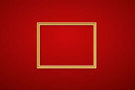Golden frame for picture on red background. Gold border on blank space for picture, painting, card...