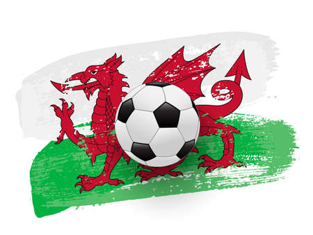 Realistic soccer ball on flag of Wales made of brush strokes. Vector football design element.のイラスト素材