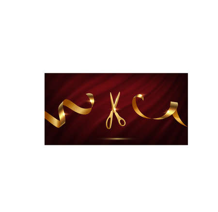 Golden scissors cut ribbon realistic illustration. Grand opening ceremony symbols, 3d accessories on red curtain background. Traditional ritual before launching new business, campaign.のイラスト素材
