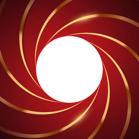 Red background with gold spiral stripes and white circle in centre. Abstract hypnotic circus design pattern vector illustration. Vintage bright poster or wallpaper templateのイラスト素材