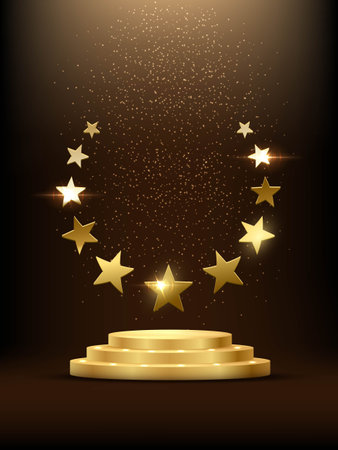 Golden podium with stars glowing. Gold stage with glitter and light smoke on dark background.のイラスト素材