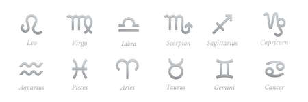 Silver zodiac signs with names set on white background. Astrology symbols and horoscope vector illustration. Shiny metal aquarius, pisces, aries, taurus, gemini, cancer, leo, virgo, scorpionのイラスト素材