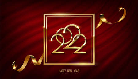 2022 Happy New Year greeting banner template, number in gold square frame with glitterのイラスト素材