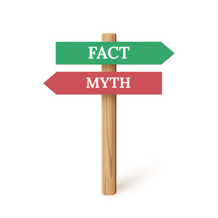 Sign direction with myth and fact arrow, 3d wooden signpost for true or false factsのイラスト素材