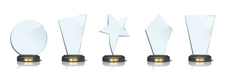 Award trophy set. Star and rectangle shaped glass prize statues on white background. Champion glory in competition vector illustration. Hollywood fame in film or championship in sportのイラスト素材